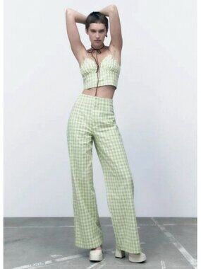 Zara Gingham Checkerboard Wide Leg Trouser Dress Pants Green White Dopamine Boho
